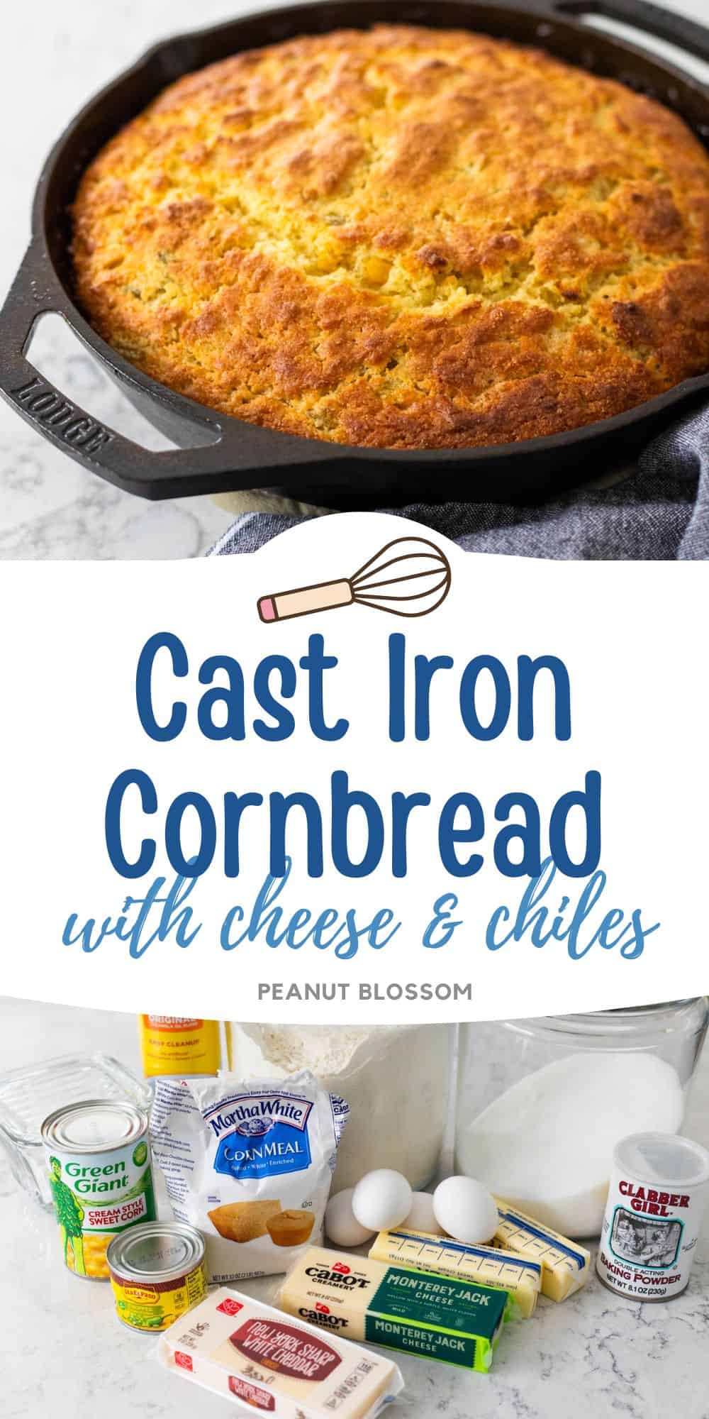 The photo collage displays a pan of cornbread made in a cast iron skillet next to a photo of the ingredients needed to make it.
