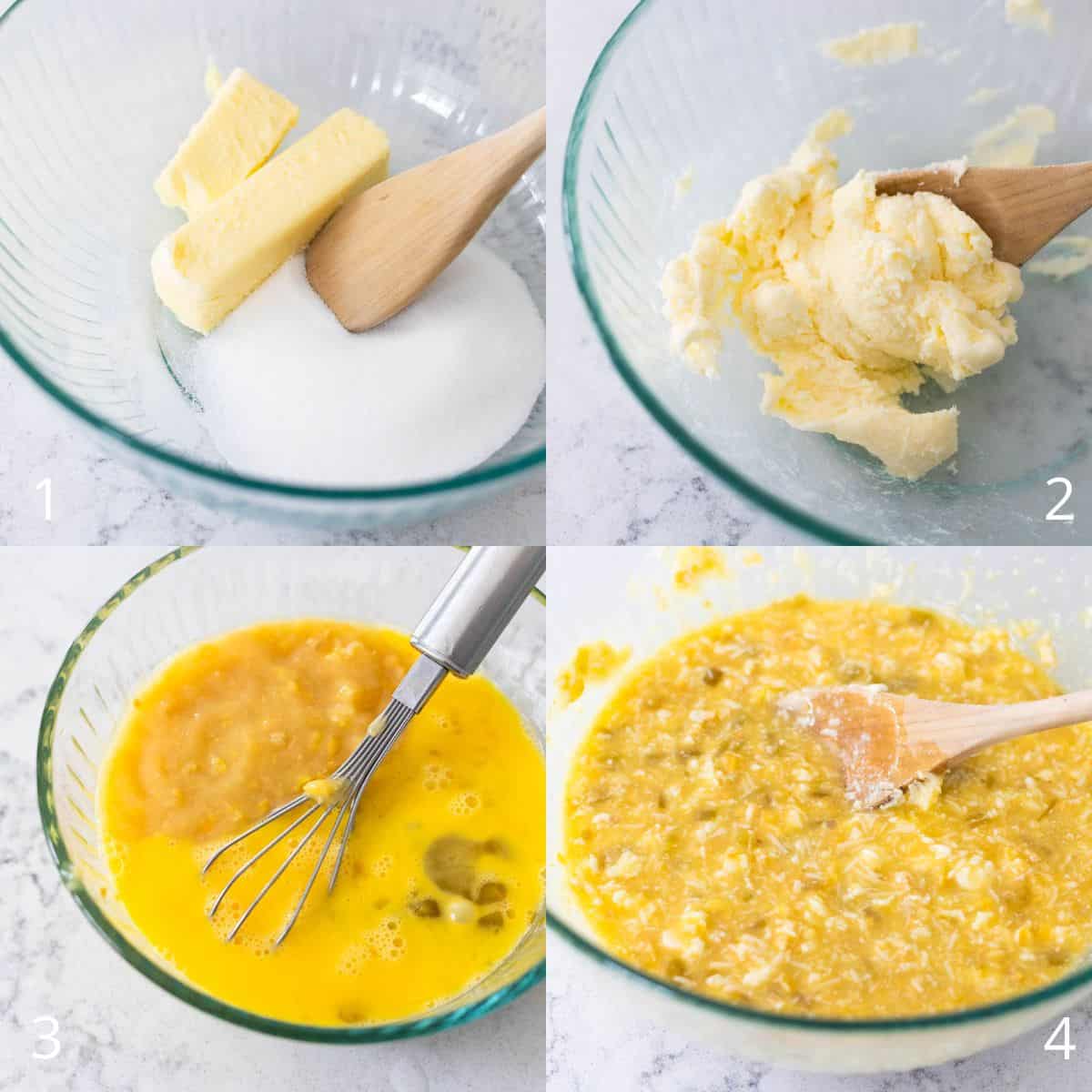 The step by step photo collage shows the stages of mixing the ingredients that make up the batter for the cornbread.