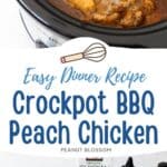 The photo collage displays a crockpot full of the BBQ peach chicken next to a photo of the ingredients needed to make it.