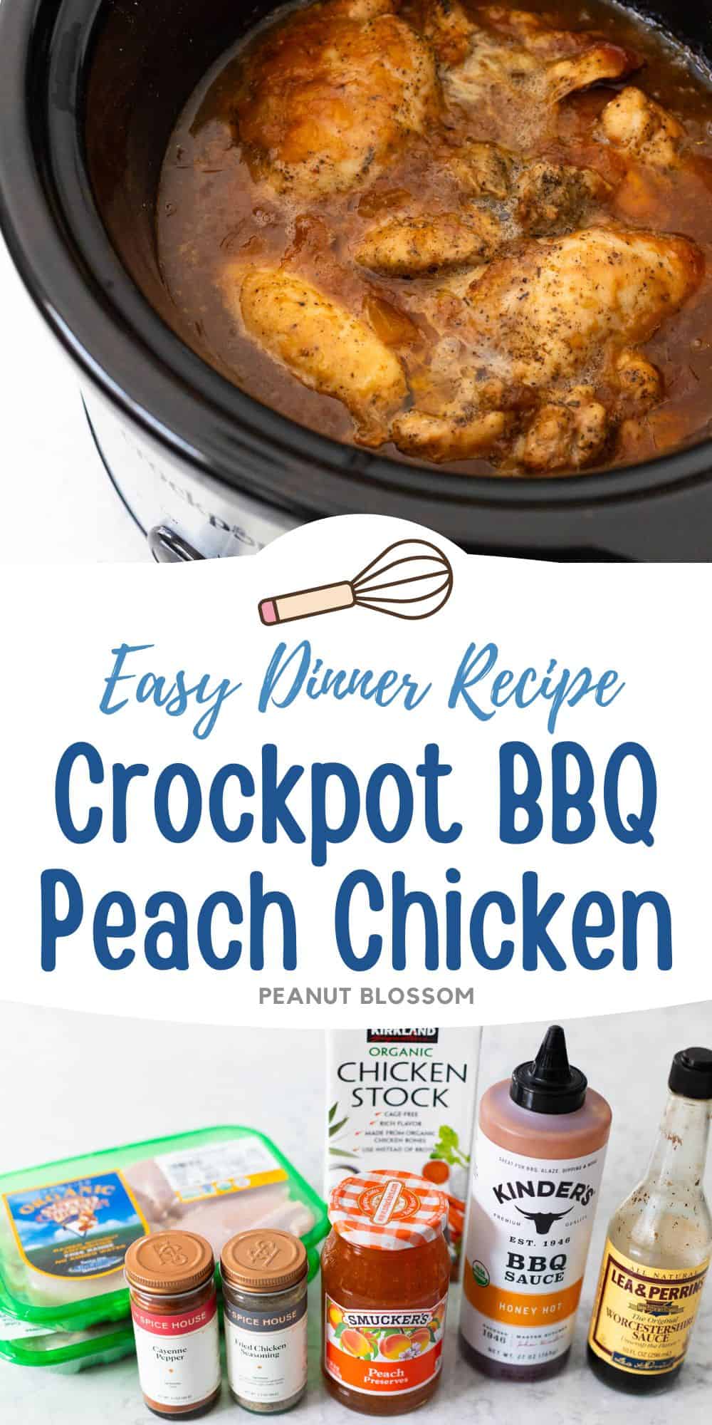 The photo collage displays a crockpot full of the BBQ peach chicken next to a photo of the ingredients needed to make it.