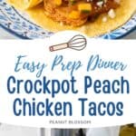 This photo collage displays two chicken tacos on a blue plate next to a photo of the ingredients needed to make the tacos.