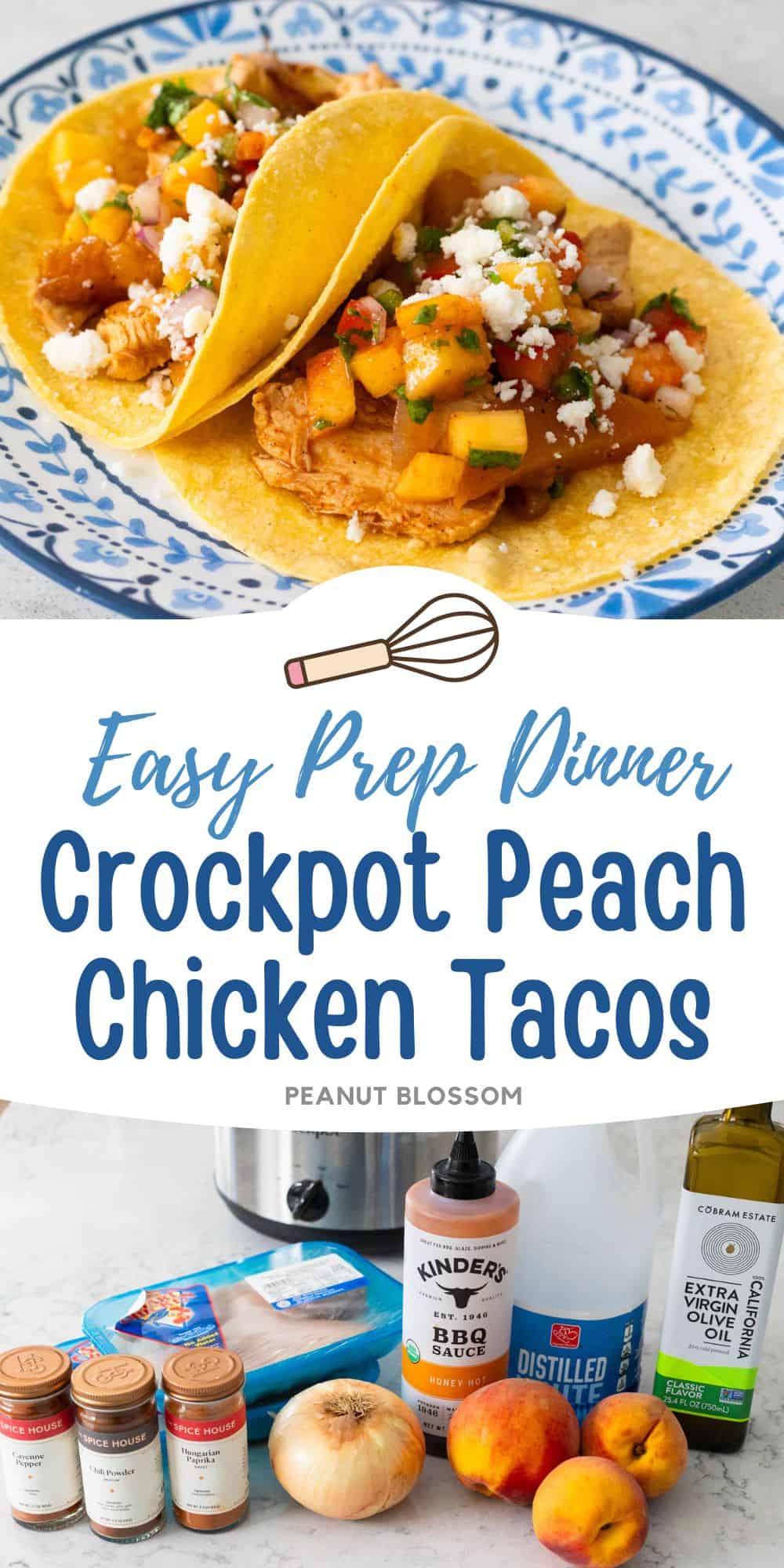 This photo collage displays two chicken tacos on a blue plate next to a photo of the ingredients needed to make the tacos.