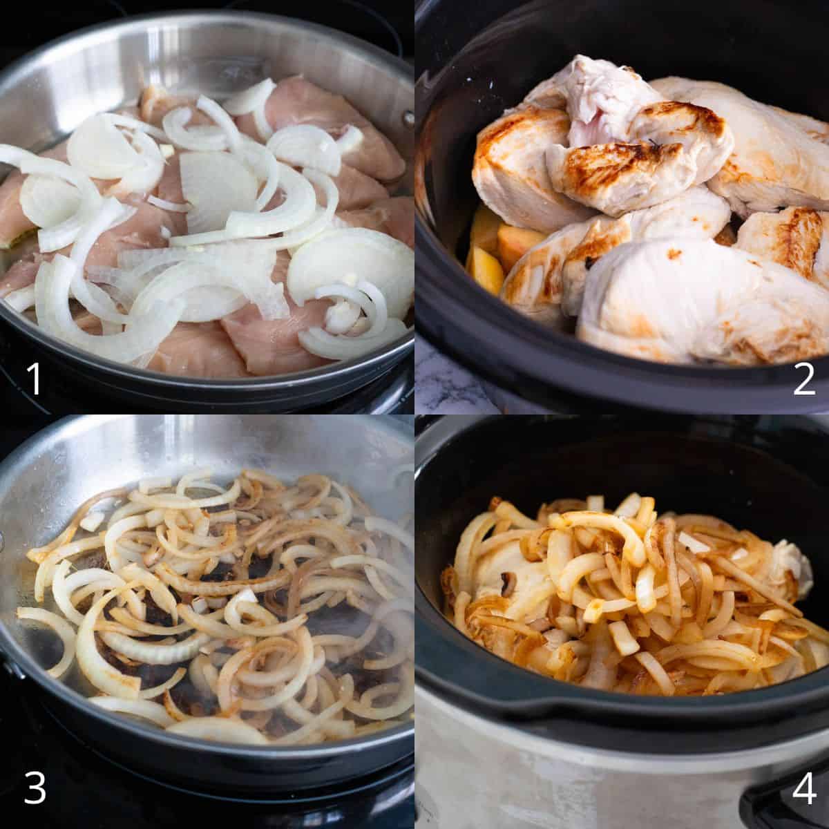 The step by step photo collage shows the chicken and onions being cooked in a stove pan and then being added to the crockpot.