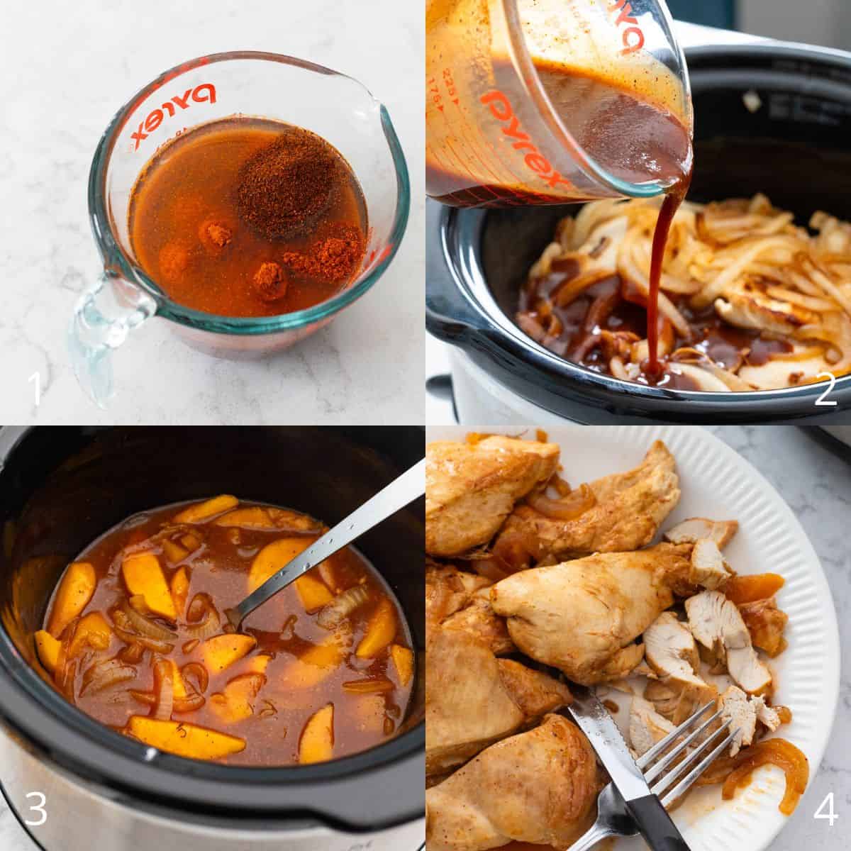 This step by step photo collage shows the peach sauce and peach slices being added to the crockpot.