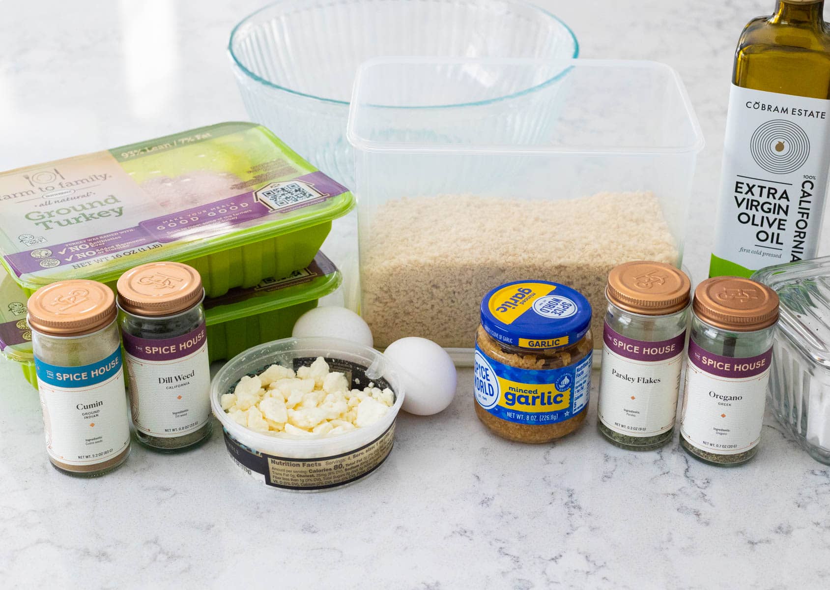 The ingredients to make the meatballs are on the kitchen counter.