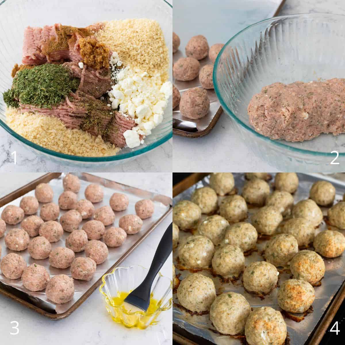 The step by step collage shows the steps of mixing the ingredients together and rolling the meat mixture into balls.