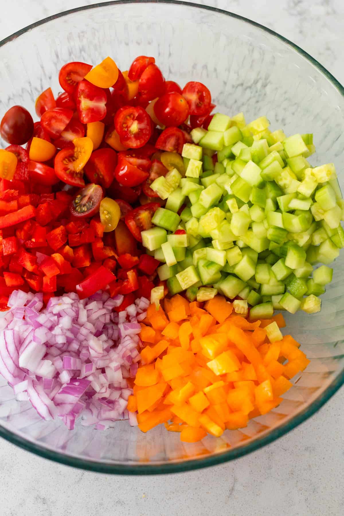 The chopped fresh veggies are in a large mixing bowl.