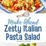 The photo collage shows the finished pasta salad next to the ingredients needed to make it.