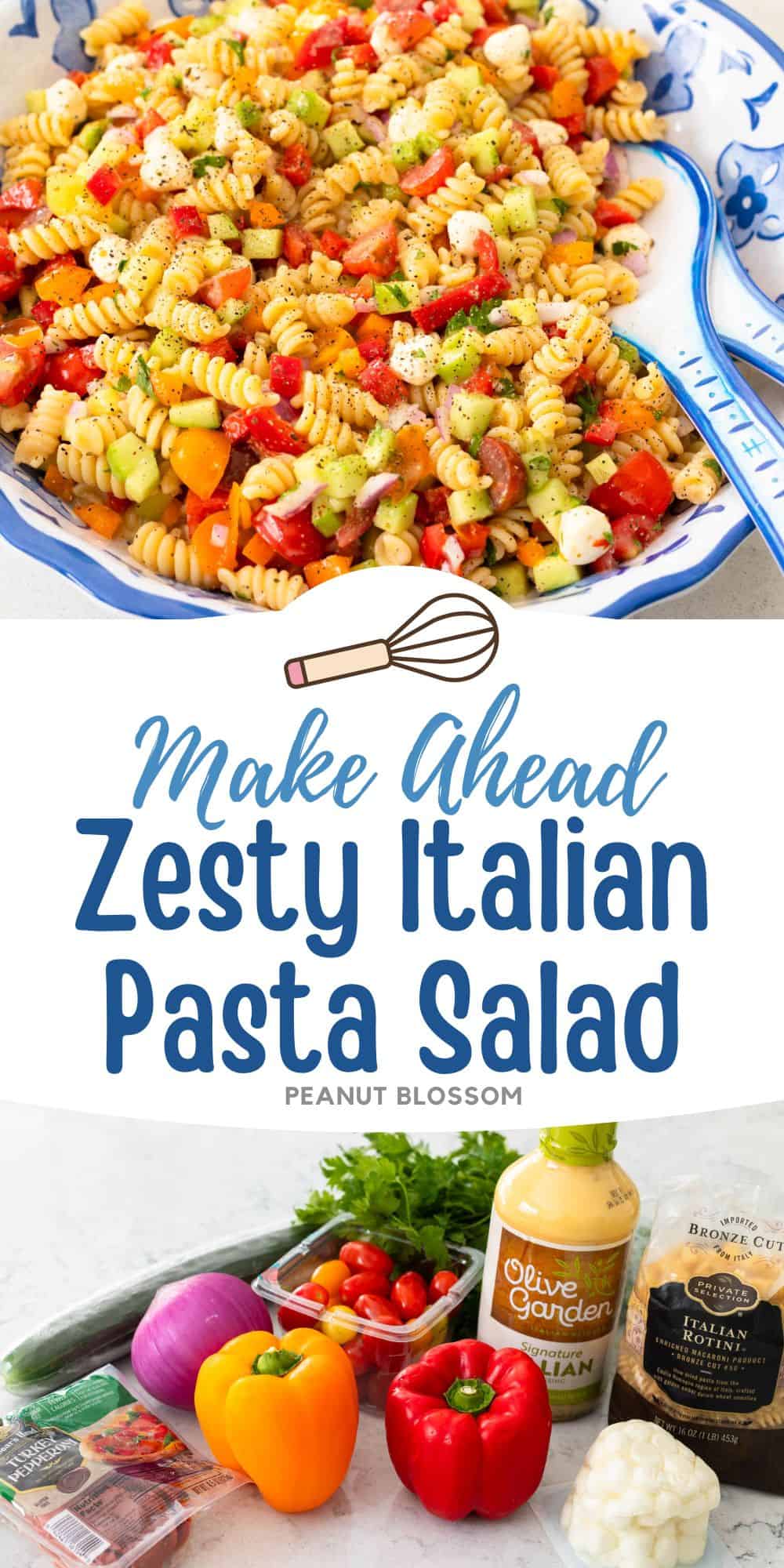 The photo collage shows the finished pasta salad next to the ingredients needed to make it.