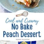 The photo collage displays a piece of the peach dessert on a blue plate next to a photo of the ingredients needed to make it.