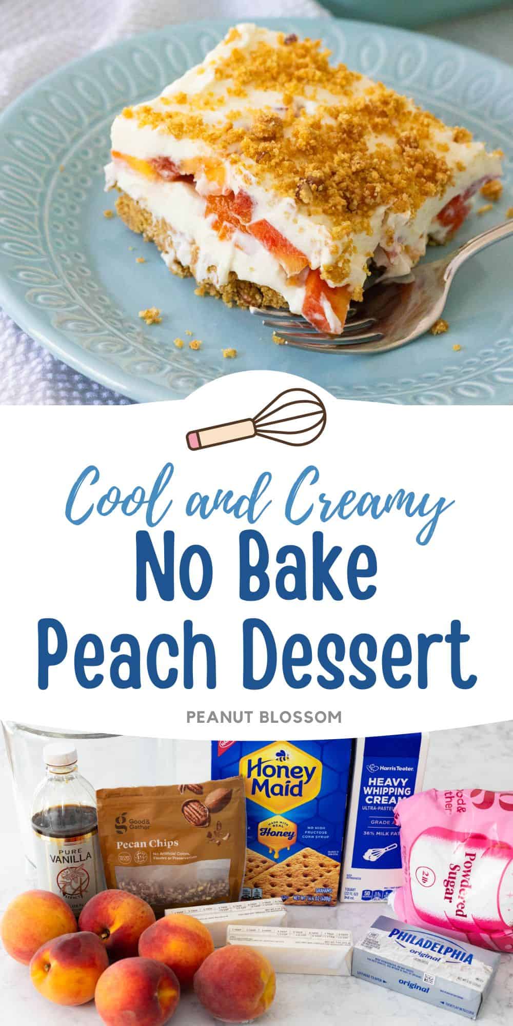 The photo collage displays a piece of the peach dessert on a blue plate next to a photo of the ingredients needed to make it.