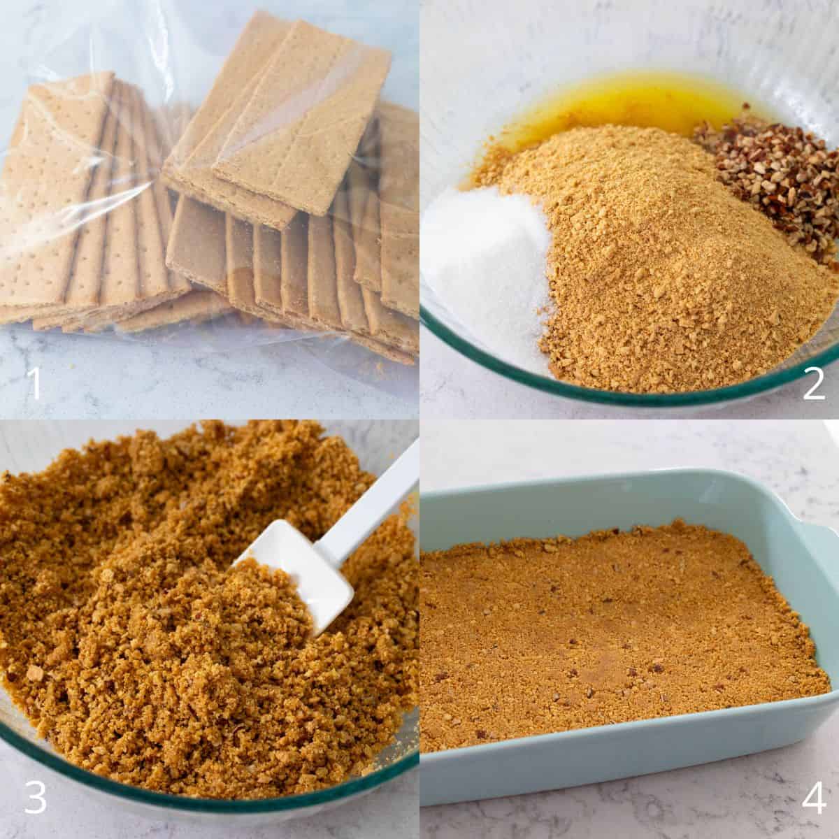 This step by step photo collage shows the steps for making the graham cracker crust.