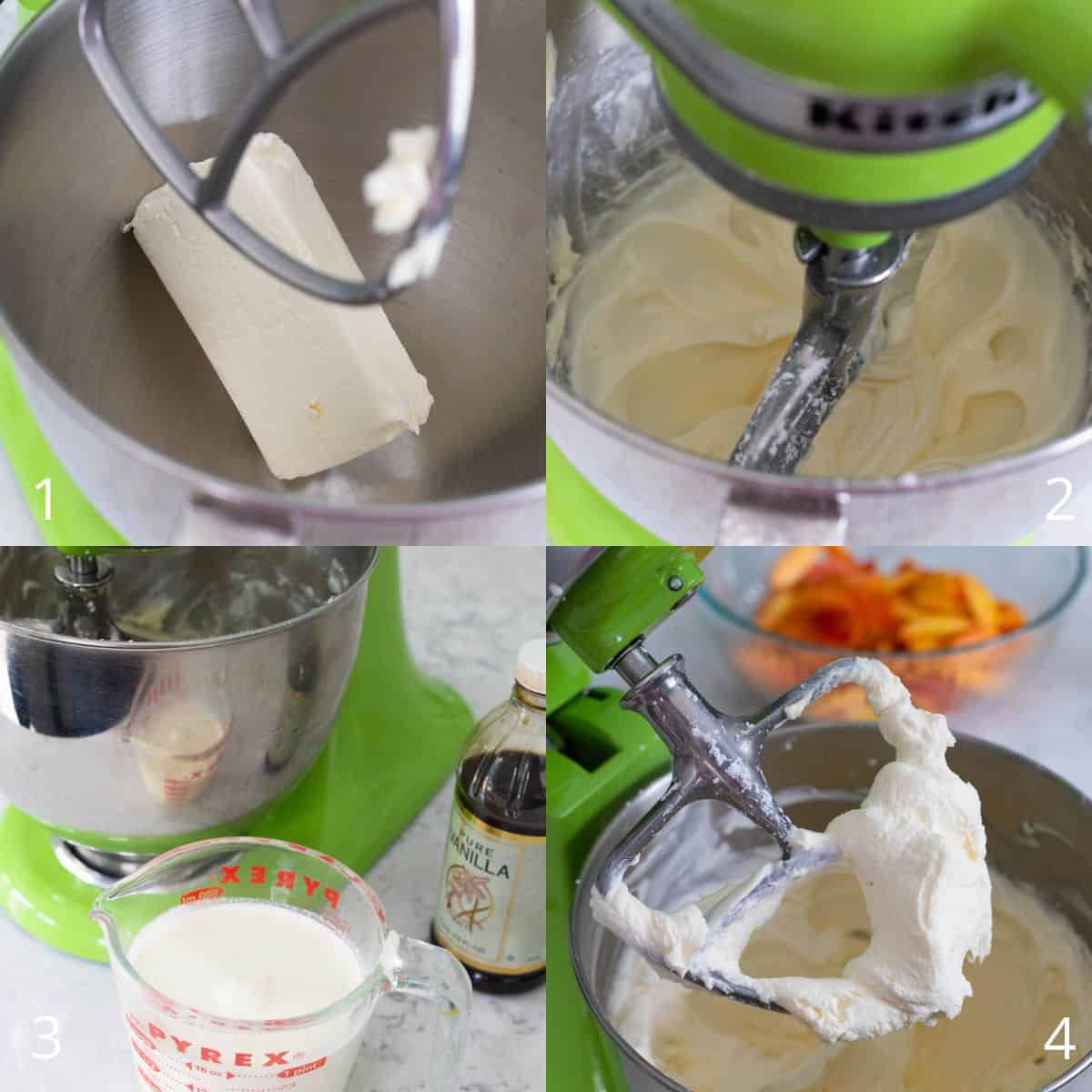 The step by step photos show how to mix together the whipped cream layer in a stand mixer.