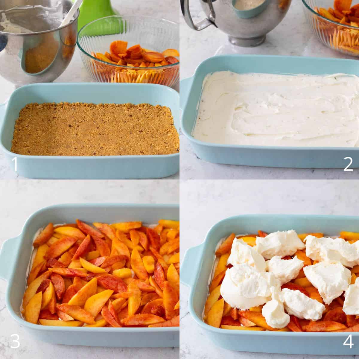 This step by step photo collage shows the ingredients for the peach dessert being layered in the pan.