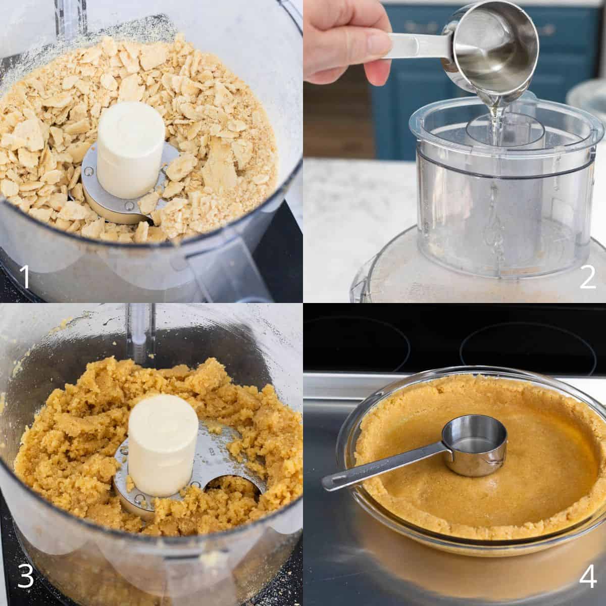The step by step photo collage shows how to process the saltine crackers and turn them into a pie crust.