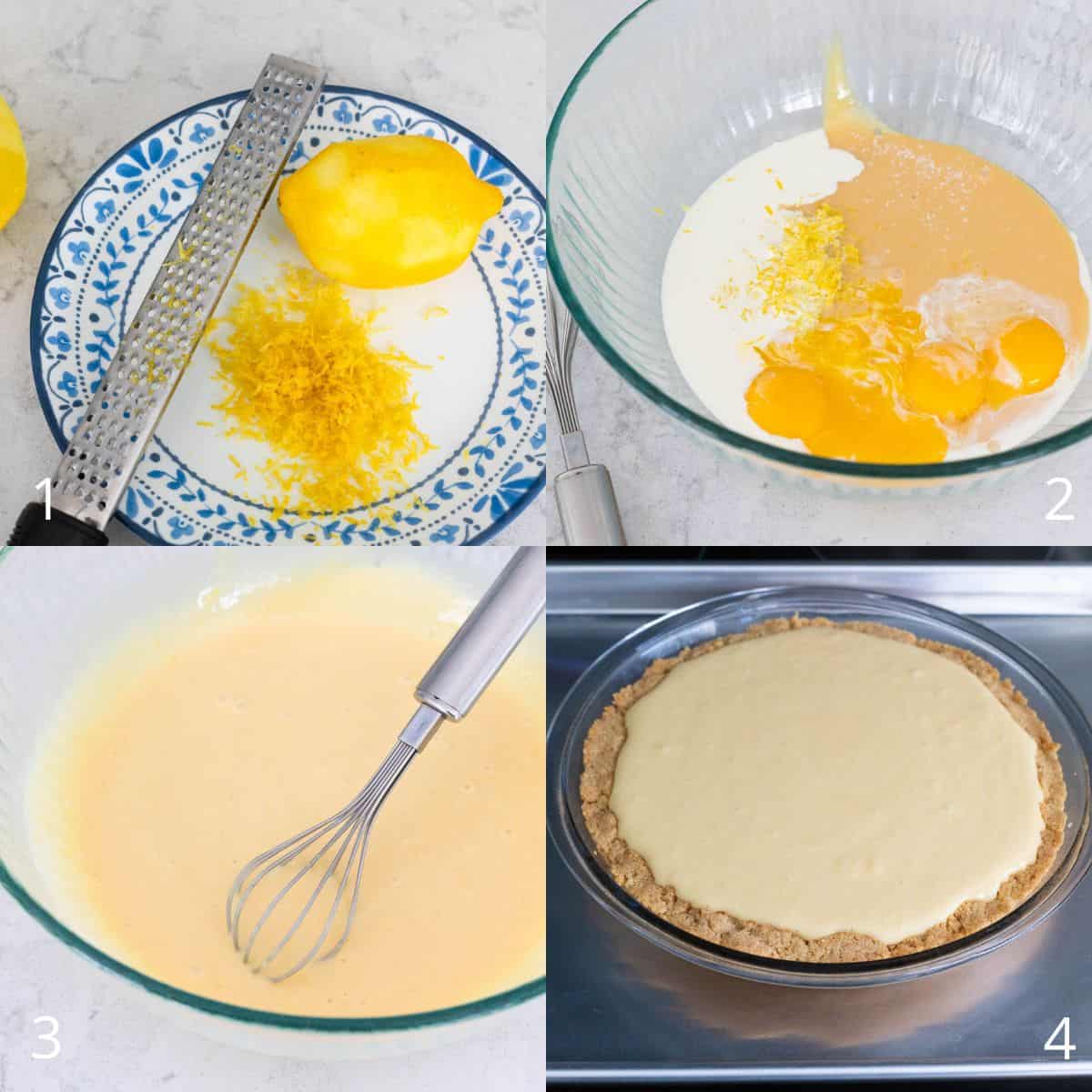 The step by step photo collage shows how to make the creamy lemon filling for the pie.