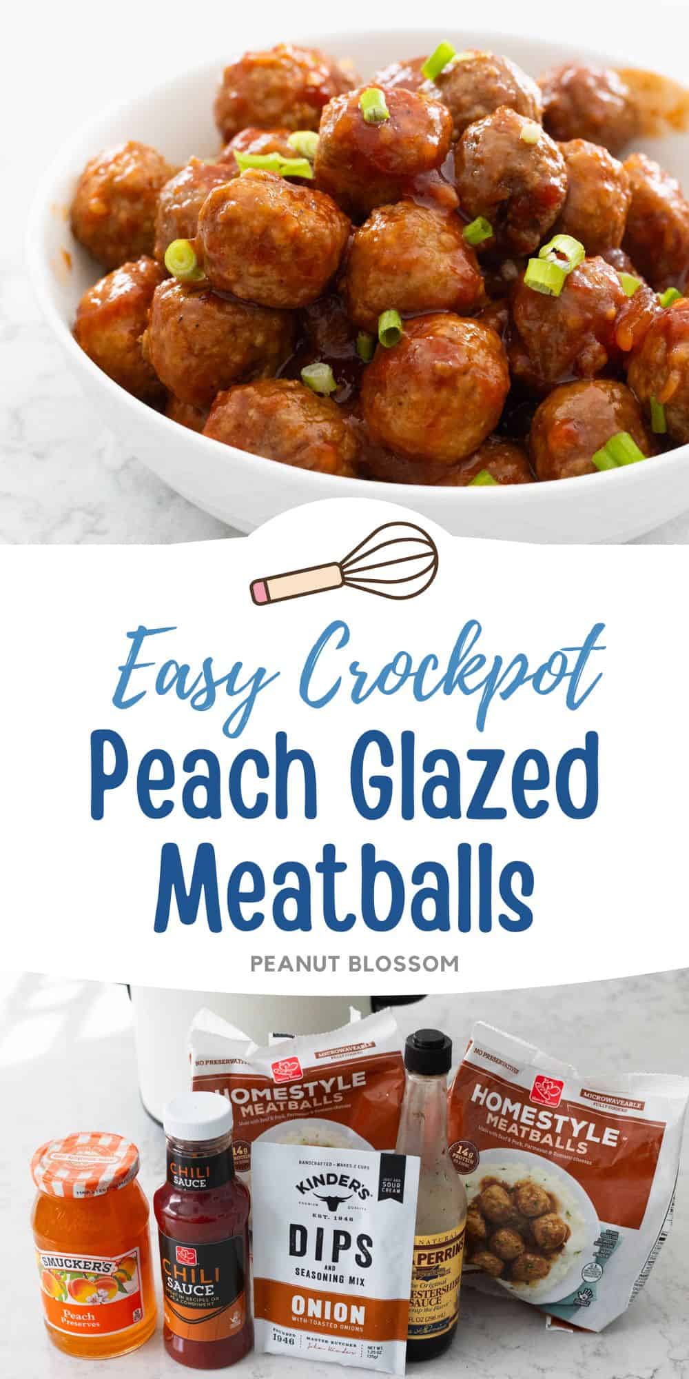 This photo collage displays a white bowl filled with meatballs that have green onions sprinkled on top next to a photo of the ingredients needed to make them. 