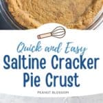 The photo collage shows the baked saltine cracker pie crust next to the ingredients needed to make it.