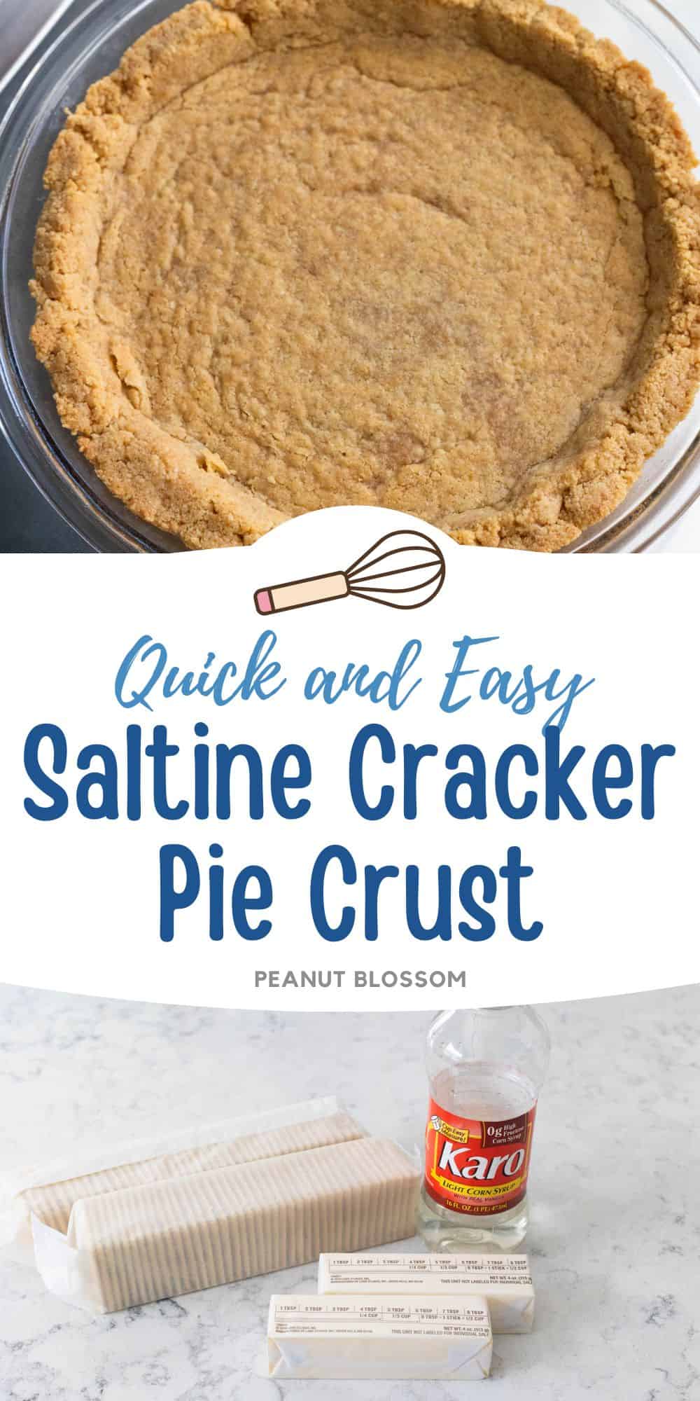 The photo collage shows the baked saltine cracker pie crust next to the ingredients needed to make it.