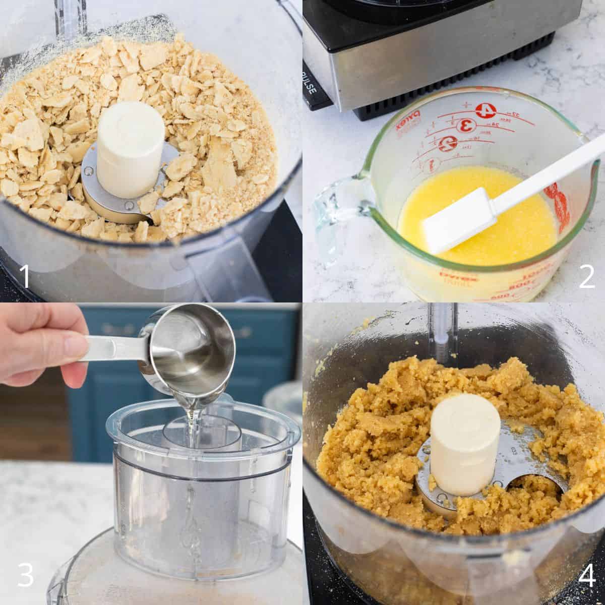 The step by step photos show how to pulse the crackers in a food processor.