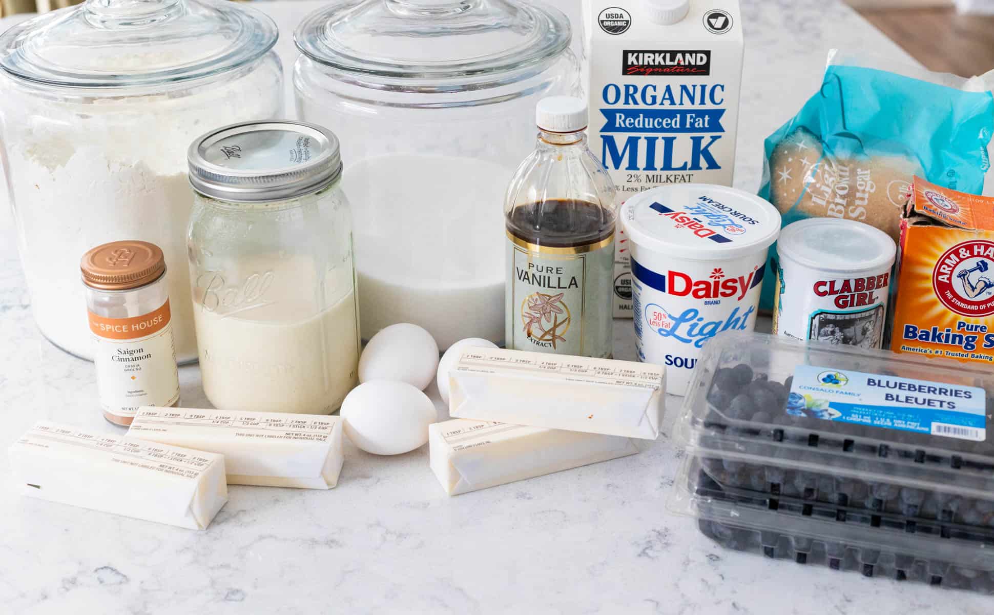 The ingredients to make the coffee cake are on the kitchen counter.