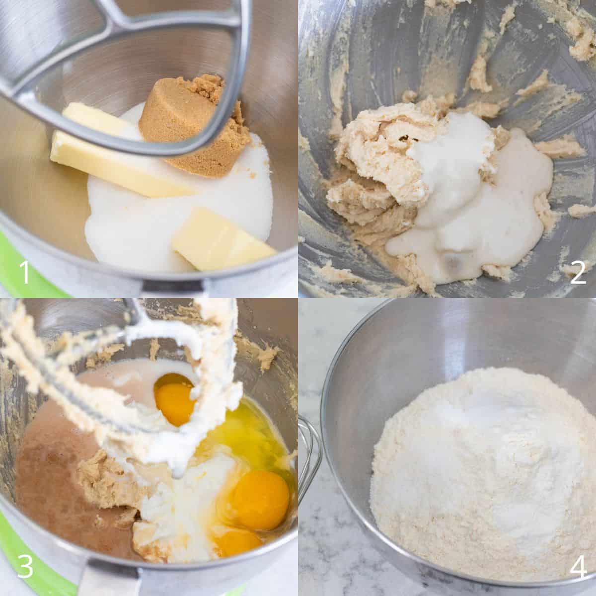 The step by step photo collage shows ingredients being added to a bowl and being mixed with a stand mixer to make the batter for the cake.