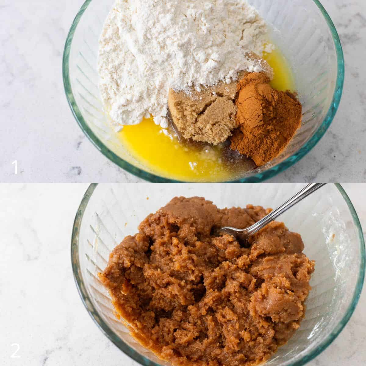 This photo collage shows the streusel topping before and after it's ingredients were mixed together.