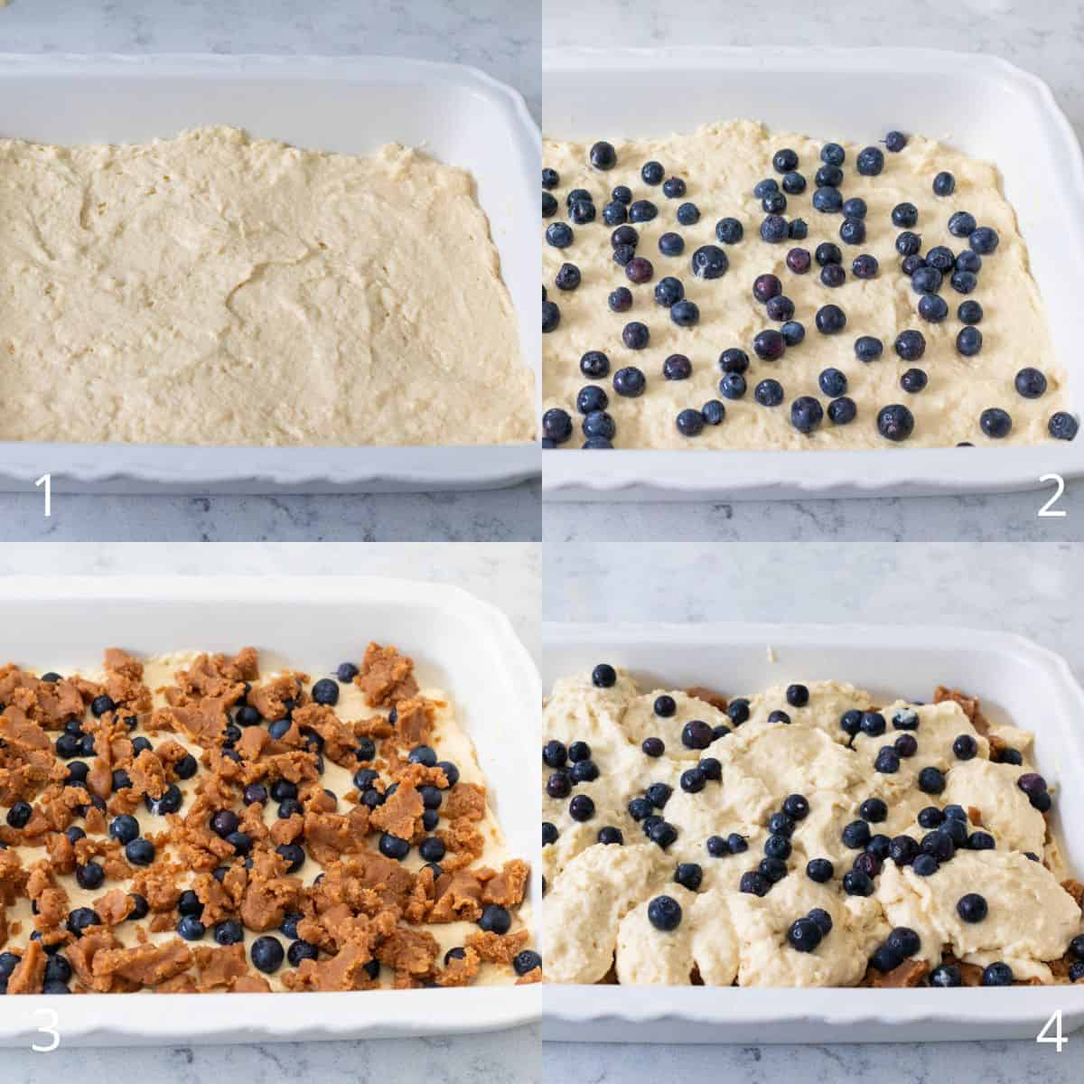 The step by step photo collage shows the layers of batter, blueberries, and streusel being stacked.