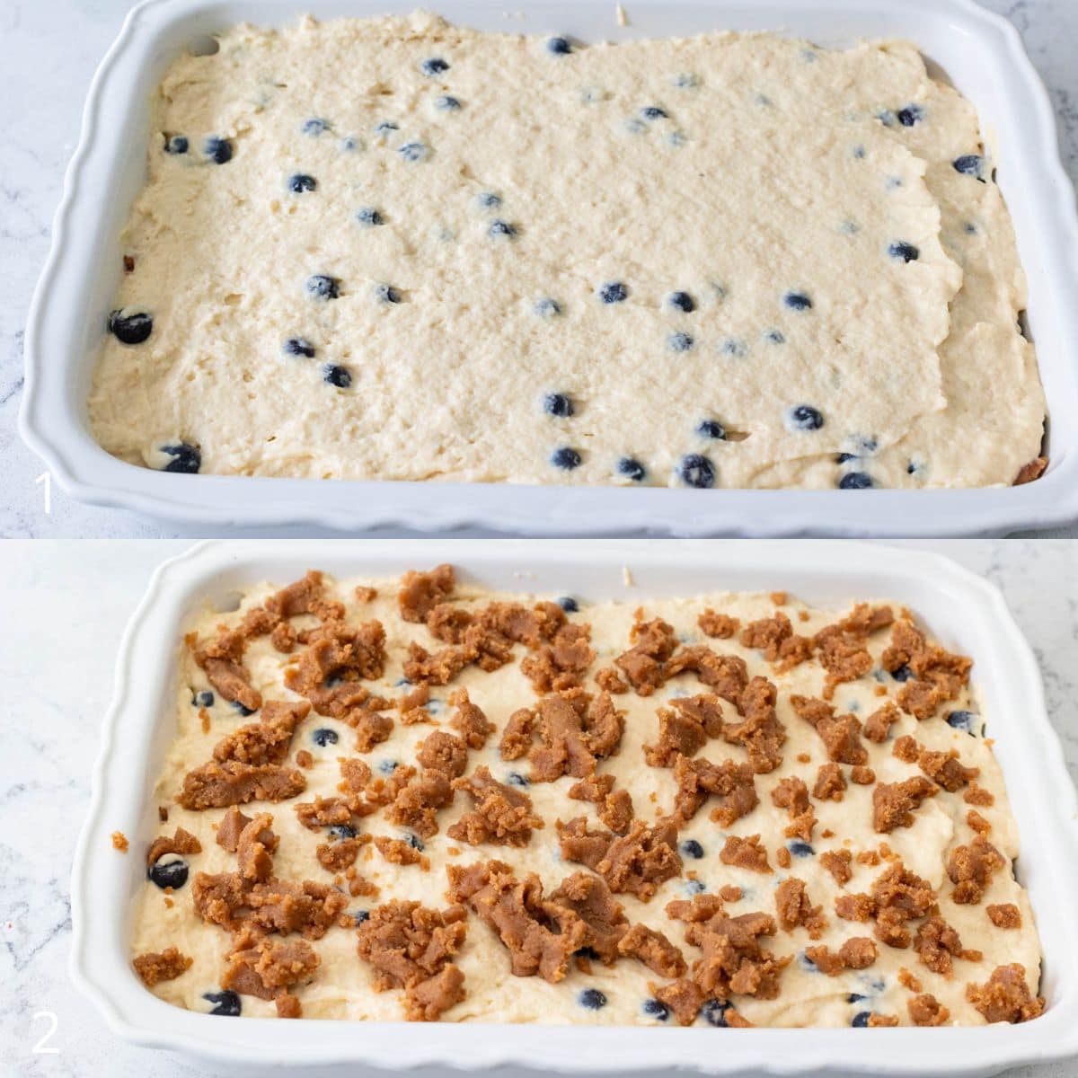 The photo collage shows the cake batter before and after the streusel topping had been added.