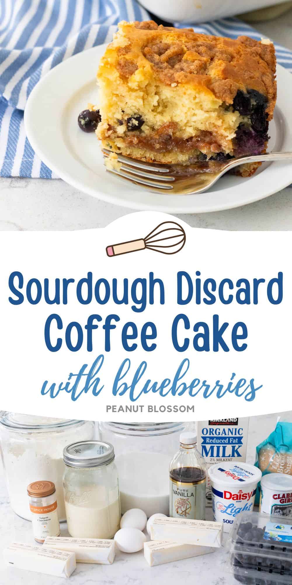 The photo collage displays a piece of the blueberry coffee cake next to a photo of the ingredients needed to make it.