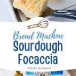 The photo collage displays pieces of fresh focaccia on the baking sheet ready to serve with a spatula next to a photo of the ingredients needed to make it.