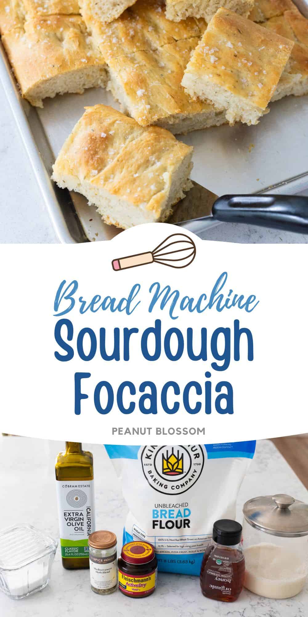 The photo collage displays pieces of fresh focaccia on the baking sheet ready to serve with a spatula next to a photo of the ingredients needed to make it.