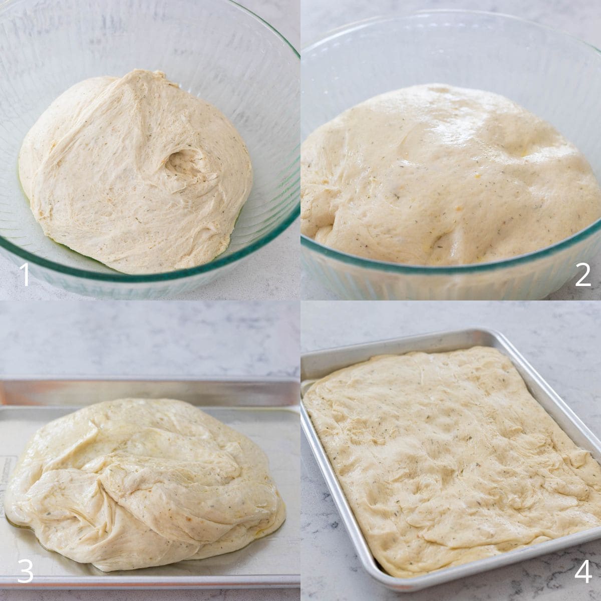 The step by step photo collage shows the fresh dough sitting in a mixing bowl and being stretched into place in its baking sheet.