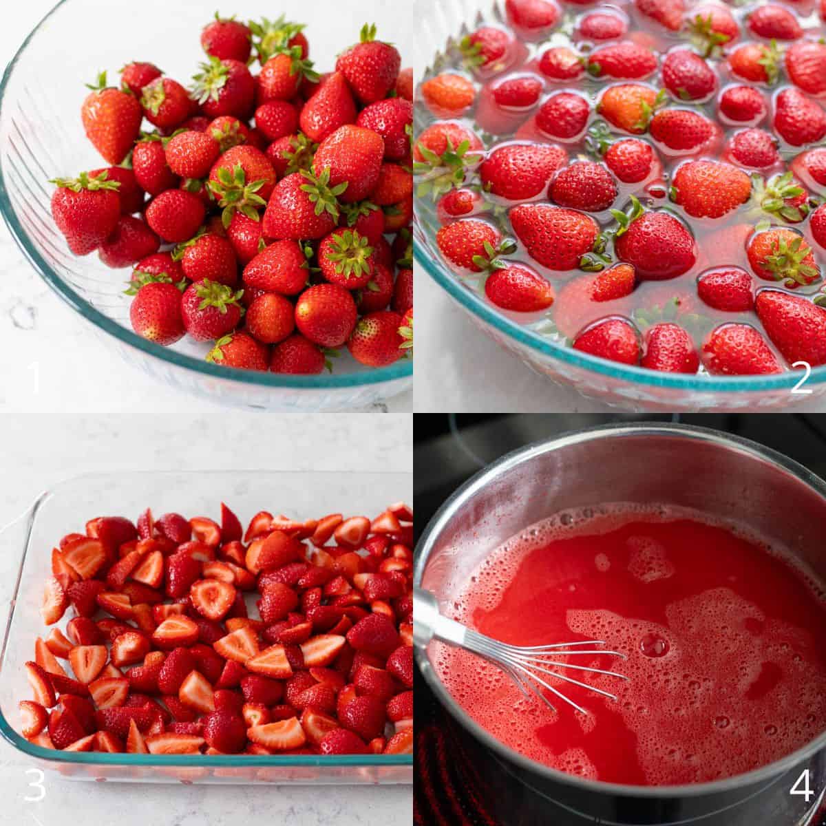 Le collage photo étape par étape montre les fraises et le jello préparés pour être mélangés ensemble dans le plat.