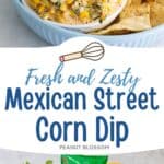 This photo collage features the corn dip in a bowl surrounded by tortilla chips next to a photo of the ingredients needed to make it.