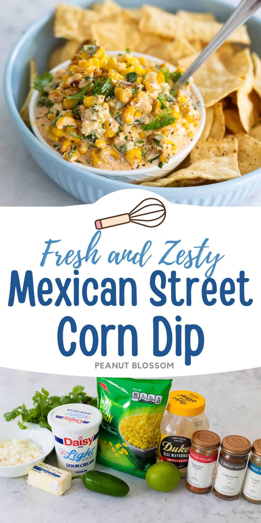 This photo collage features the corn dip in a bowl surrounded by tortilla chips next to a photo of the ingredients needed to make it.