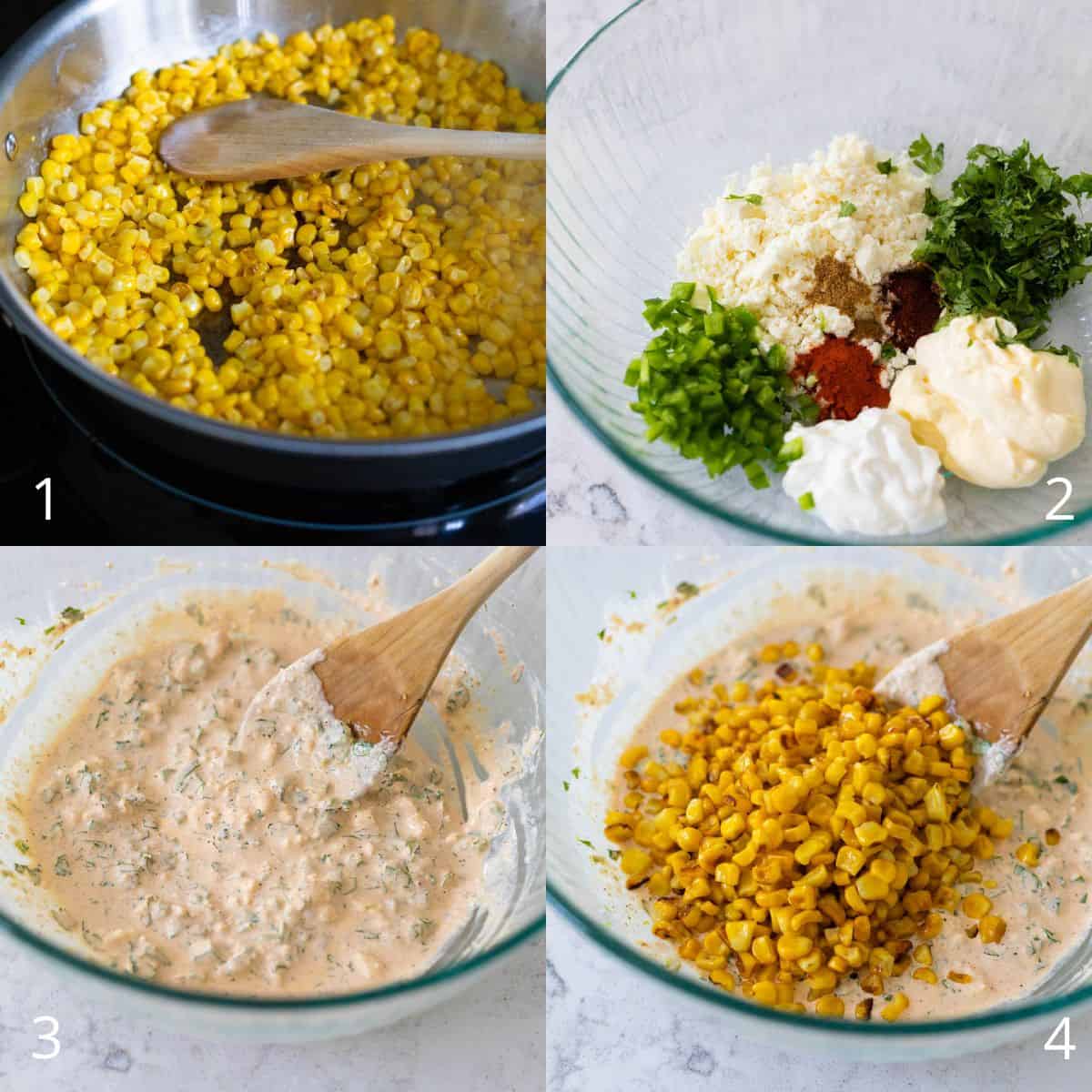 The step by step photo collage shows the corn being cooked and mixed into the rest of the ingredients.