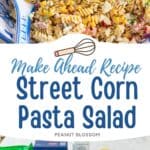 The photo collage features the pasta salad in a large serving bowl as well as a photo of the required ingredients.
