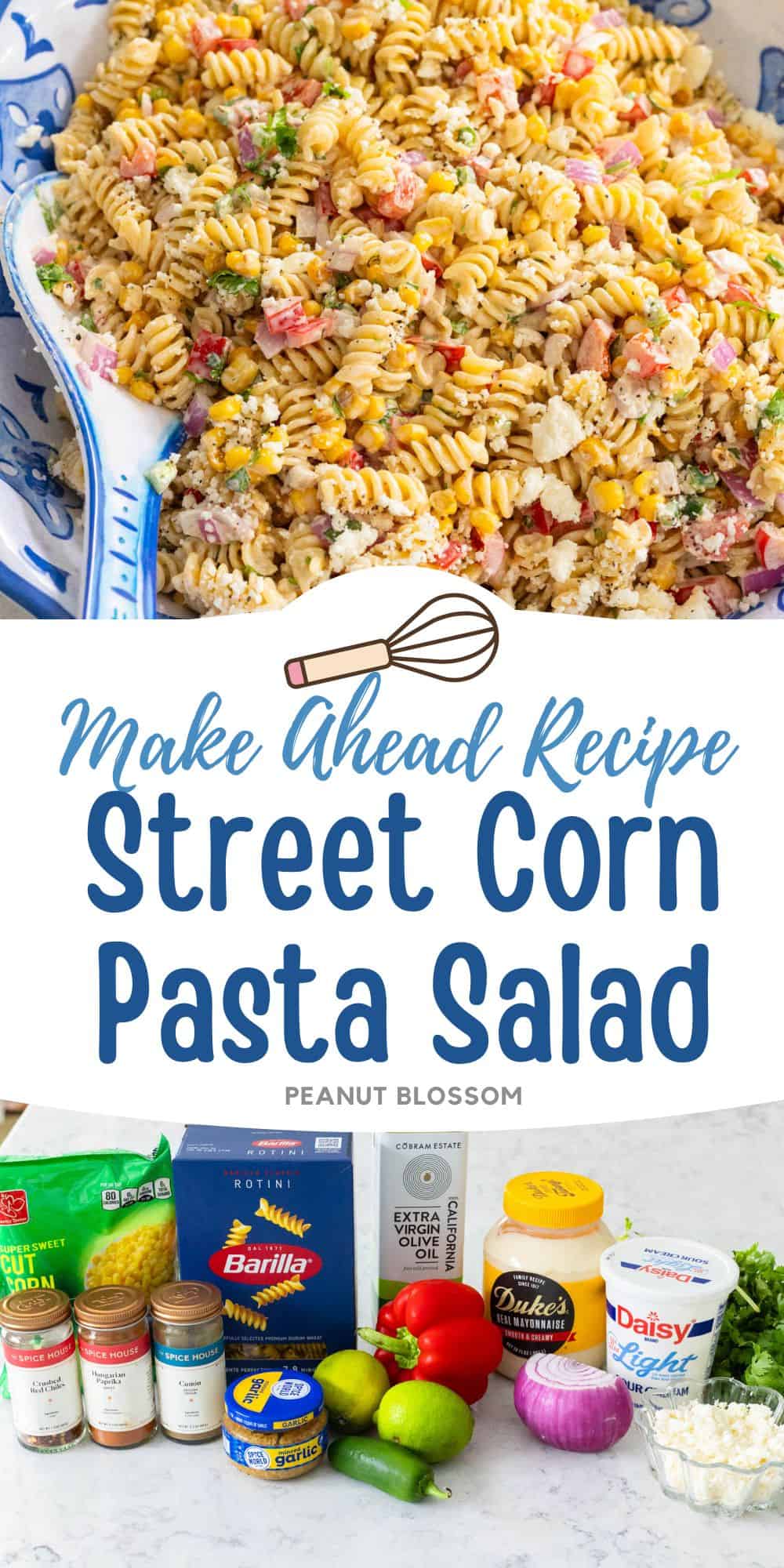 The photo collage features the pasta salad in a large serving bowl as well as a photo of the required ingredients.