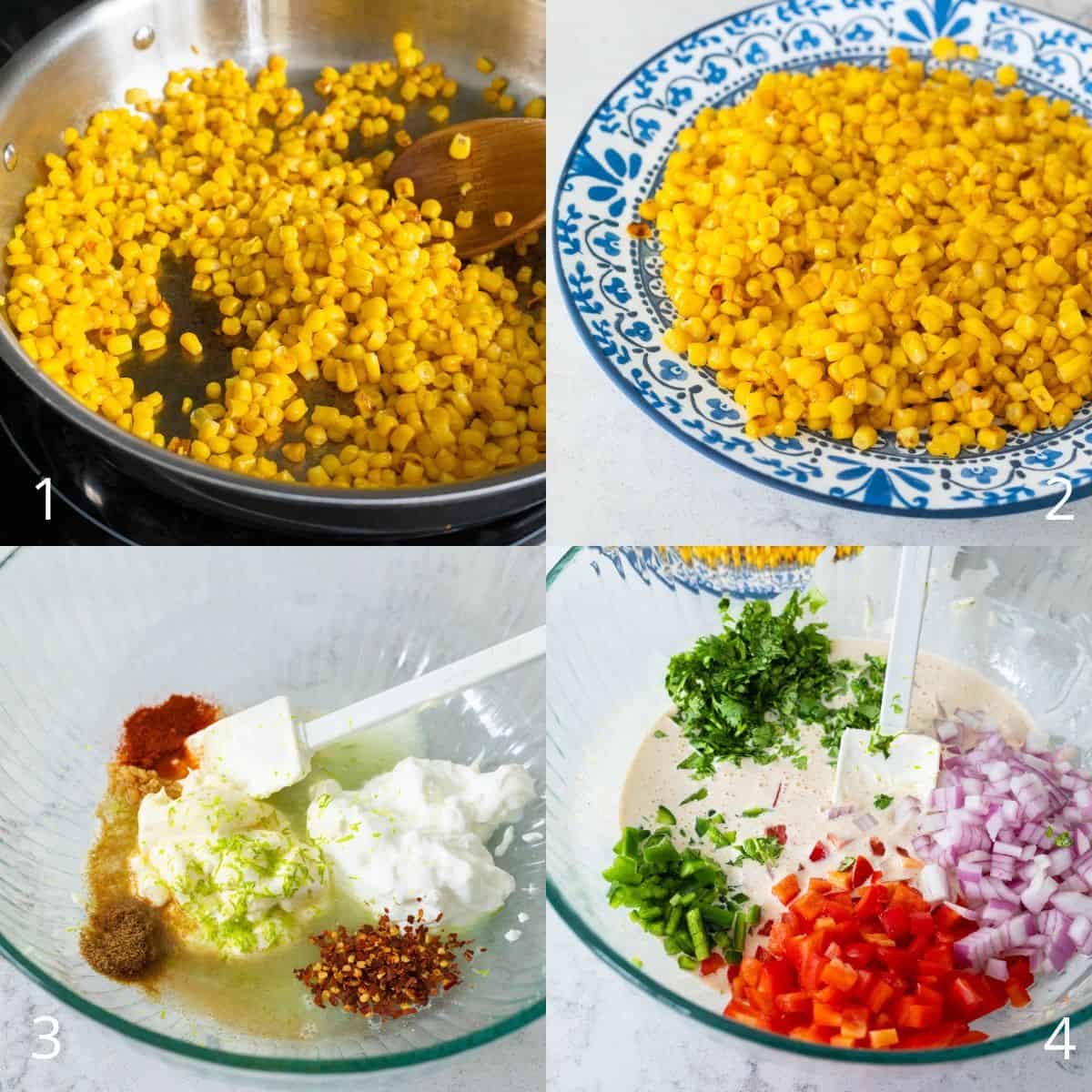 This step by step photo collage shows the corn being cooked and other fresh ingredients being mixed.
