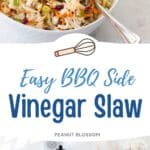 The photo collage displays a white bowl filled with vinegar slaw next to a photo of the ingredients needed to make it.