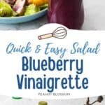 A mason jar filled with deep purple blueberry vinaigrette sits on the counter next to a fresh peach salad.