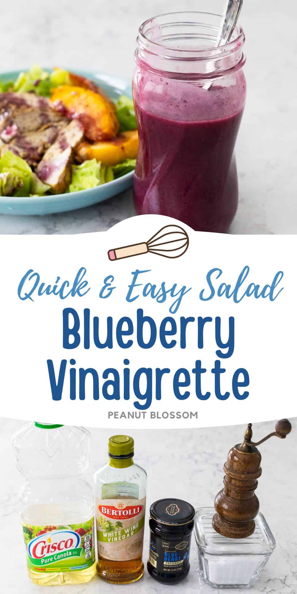 A mason jar filled with deep purple blueberry vinaigrette sits on the counter next to a fresh peach salad.