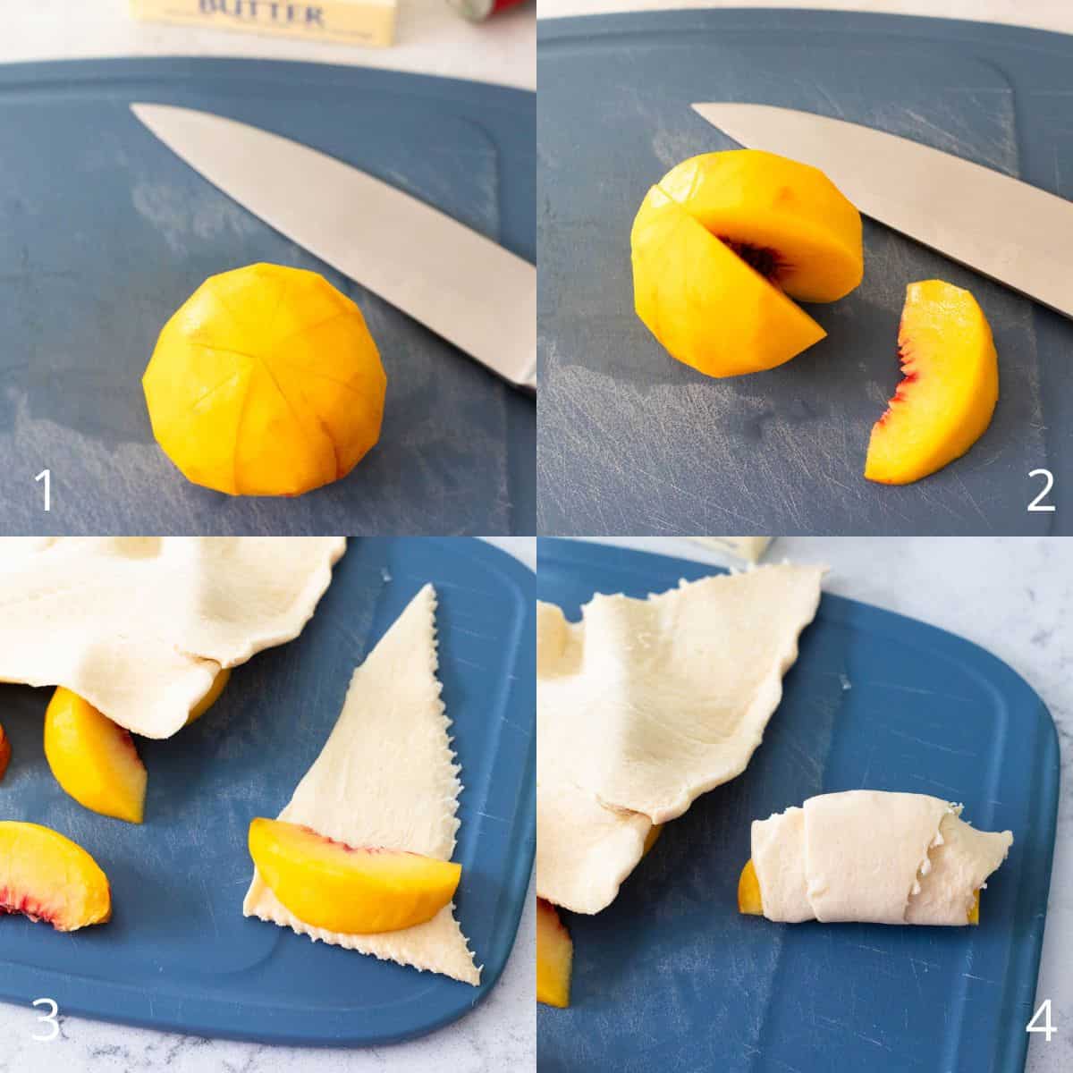 The step by step photo collage shows how to slice the peaches and wrap them in crescent rolls.