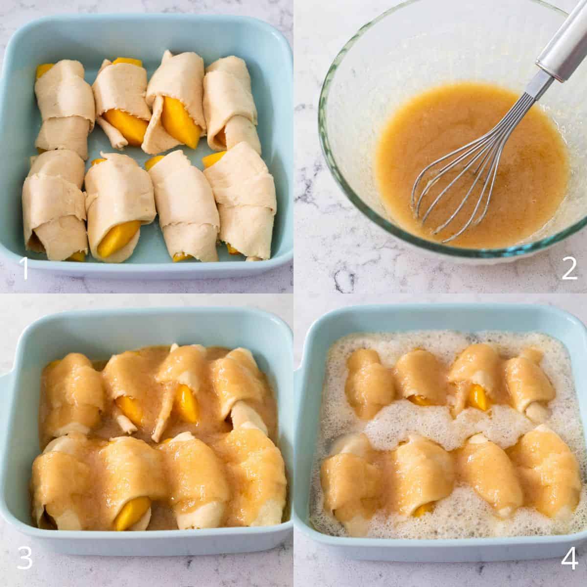The step by step photo collage shows how to pour melted butter and sugar over the dumplings.