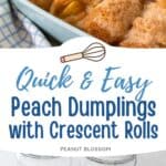 The photo collage shows the baked peach dumplings next to a photo of the ingredients needed to make it.