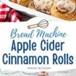 The photo collage shows the baked Apple Cider Cinnamon Rolls next to a photo of the ingredients needed to make it.