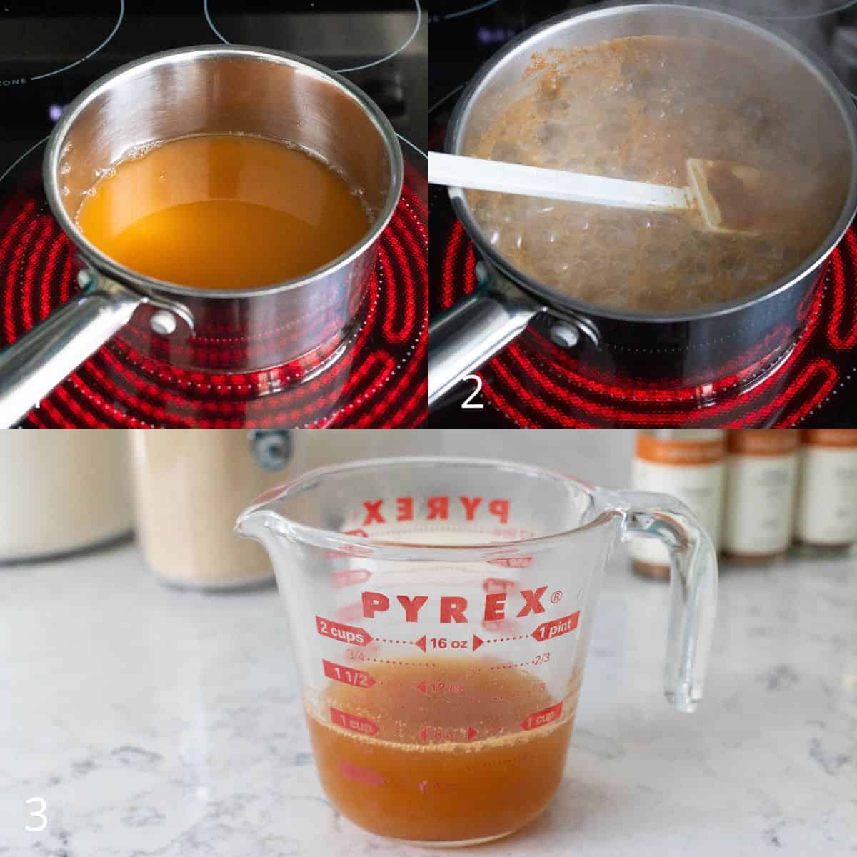 Step-by-step images showing apple cider being simmered in a saucepan and reduced to a concentrated liquid, then poured into a measuring cup for use in Apple Cider Cinnamon Rolls.