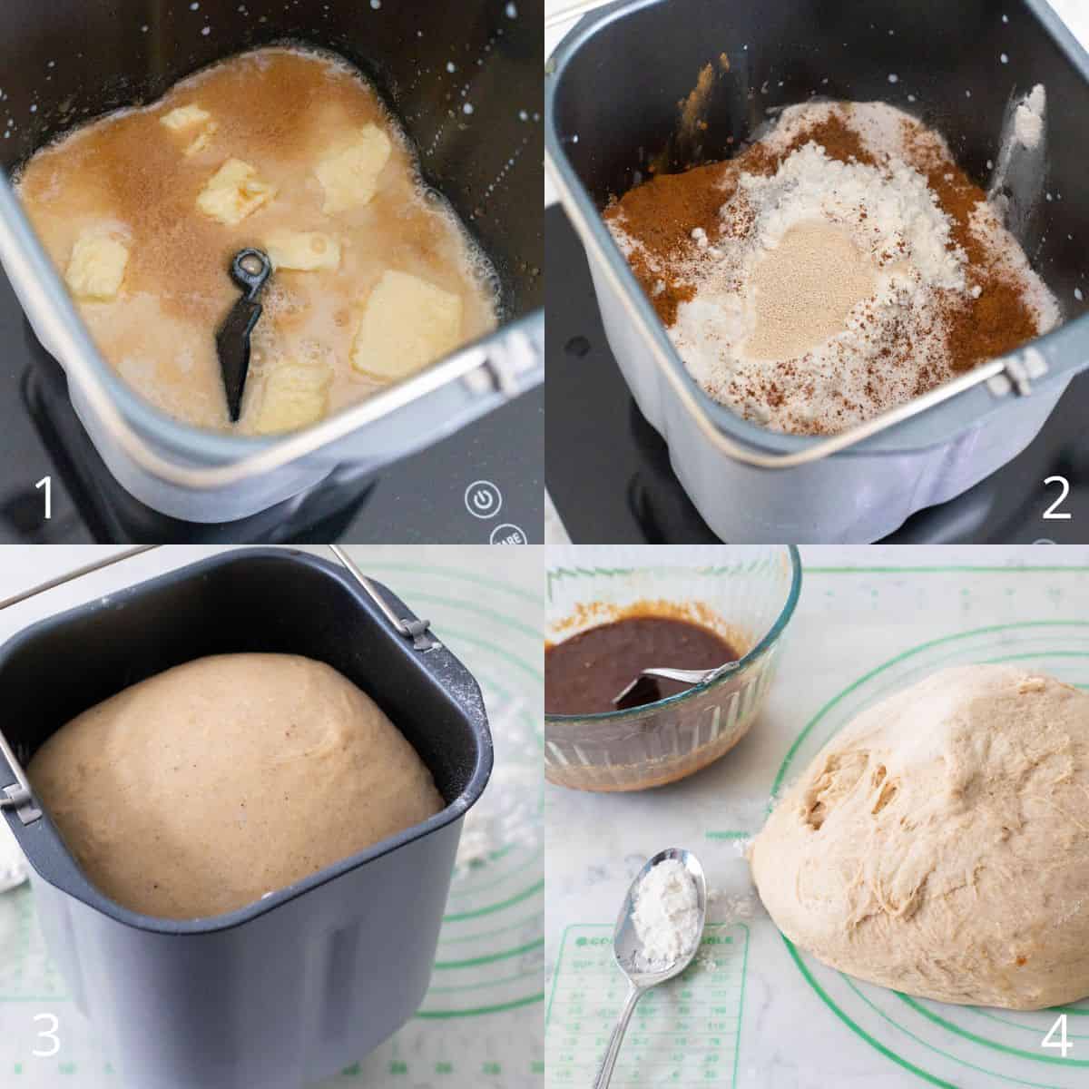 The step by step photo collage showing ingredients in a bread machine, dough rising, and dough ready to be rolled out with filling prepared on the side for Apple Cider Cinnamon Rolls.