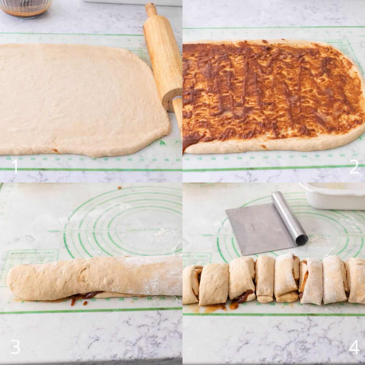 The step by step photo collage showing dough being rolled out, spread with apple cider cinnamon filling, rolled into a log, and sliced into rolls on a floured surface.